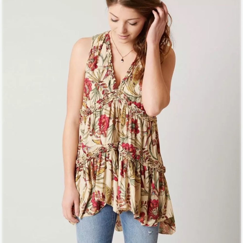 Free People Tropical Haze Tank Top Tunic Neutral Floral